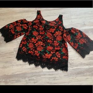 Off shoulder sheer black and Red Roses Blouse Top